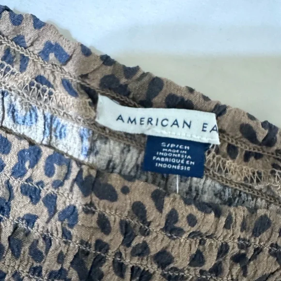 American Eagle Outfitters Brown Leopard Off-Shoulder Smocked Peplum Top - Picture 6 of 7